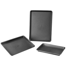 Baking Pans Set, 3-Piece, Nonstick Carbon Steel Cookware Sheets & Trays, Stackable Kitchen Oven Bakeware Cooking Sets with Silicone Handles
