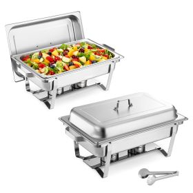 Rectangle Chafing Dish, 9 Qt 2 Pack Stainless Steel Chafing Dish, Food Warmer Chafer Complete Set with Hollow Handle, 1 Food Tongs, Lid, Fuel Hol