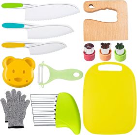 8 Pcs Wooden Kitchen Knife Set for Kids - Includes Safe Knives, Serrated Plastic Knives, Potato Slicers, Sandwich Cutter, Peeler and Cutting Boar (size: 13 pieces)
