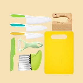 8 Pcs Wooden Kitchen Knife Set for Kids - Includes Safe Knives, Serrated Plastic Knives, Potato Slicers, Sandwich Cutter, Peeler and Cutting Boar (size: 8)